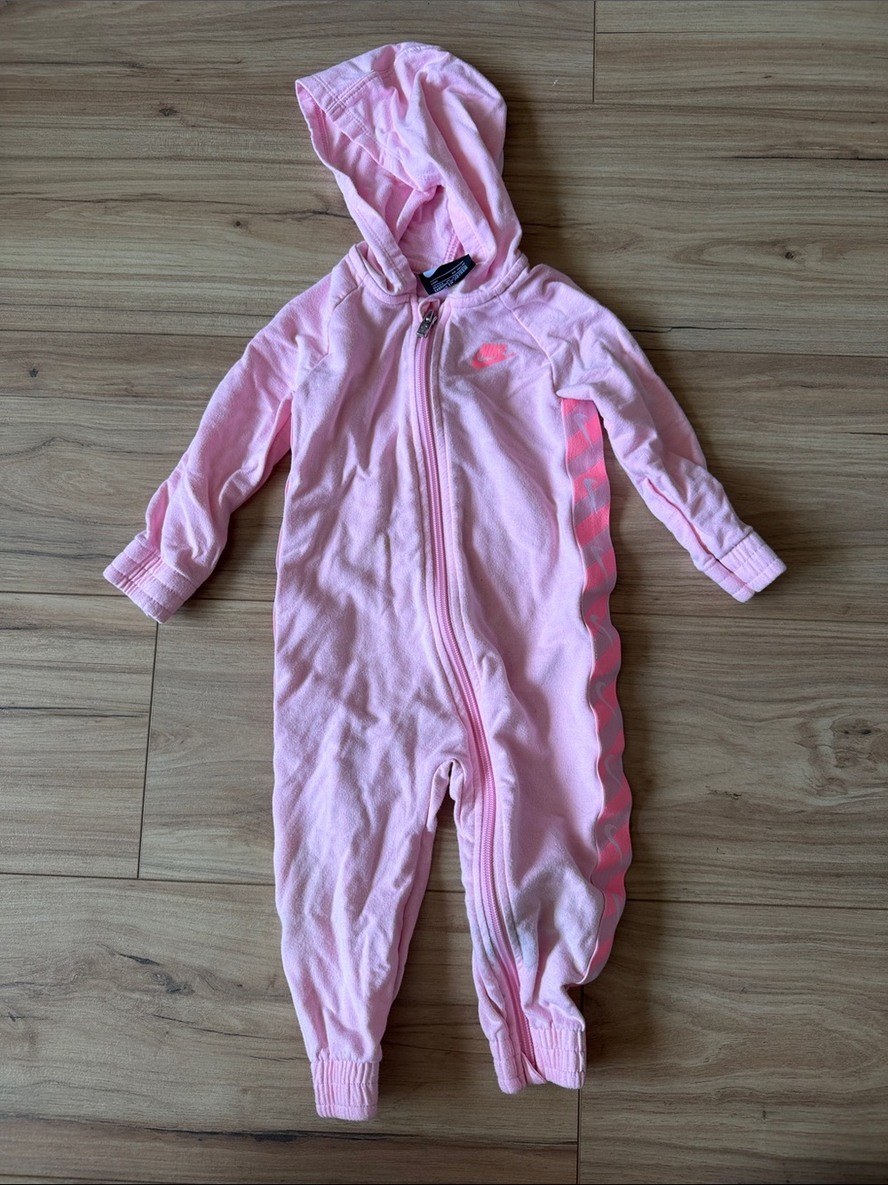 Nike Pink Hooded Baby One-Piece Zip Romper with Side Stripe
